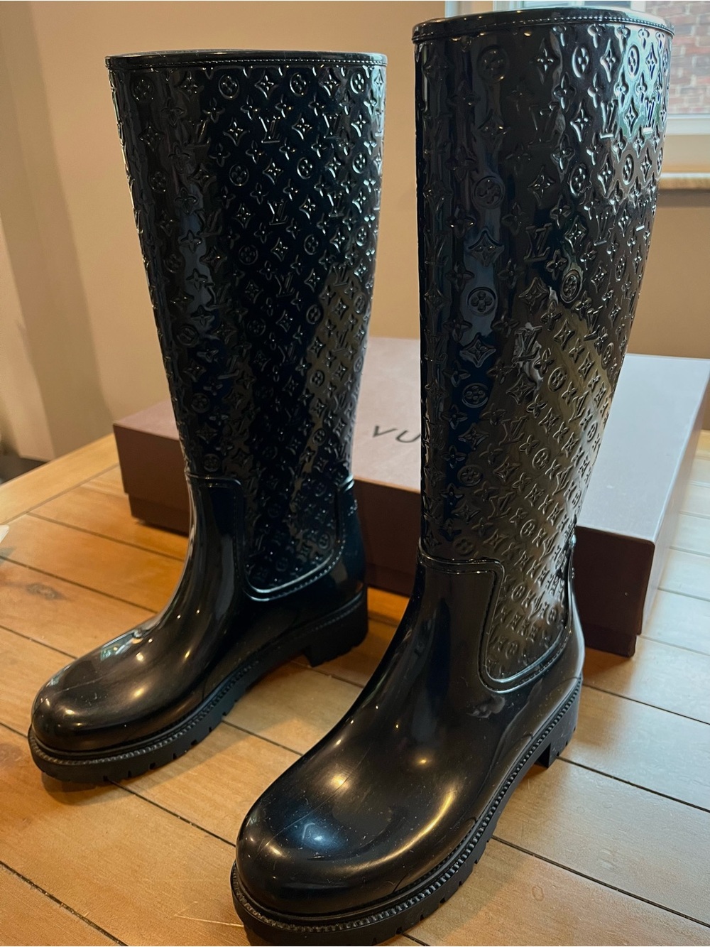 Louis Vuitton Glossy Black Monogram Tall Rain Boots